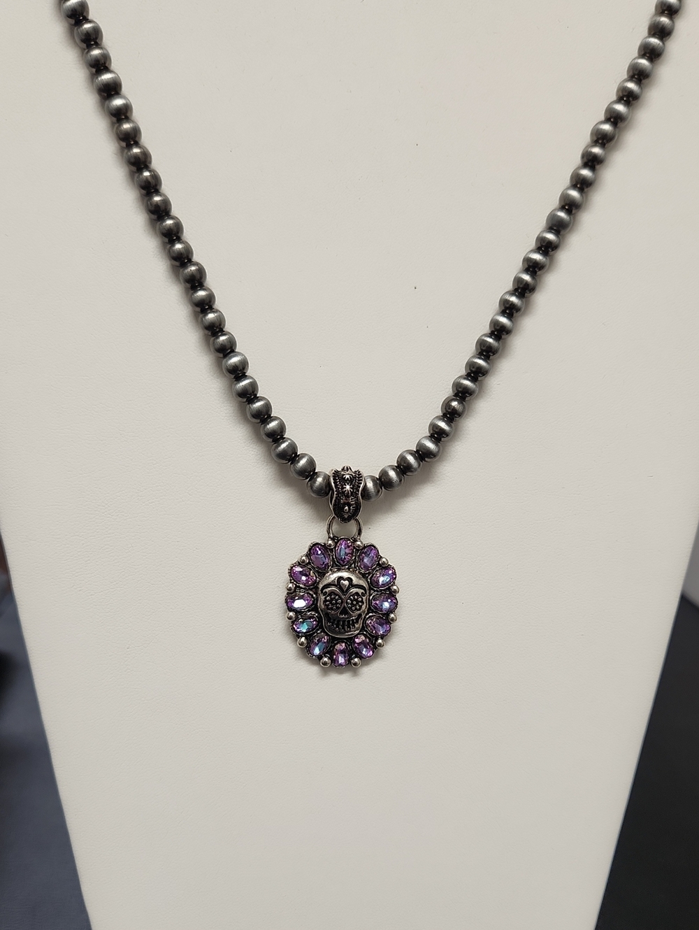 Silver Bead Necklace with Purple Crystal Sugar Skull Pendant
